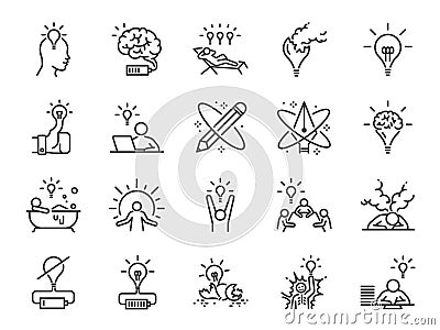 Creativity icon set. Included icons as Inspiration, idea, brain, innovation, imagination and more. Vector Illustration