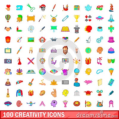 100 creativity icons set, cartoon style Vector Illustration