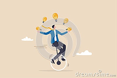 Creativity and ideas, innovation or skill to success in business, skillful businessman riding unicycle juggling lightbulb lamp Vector Illustration