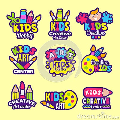 Creativity kids logo. Craft emblems or badges children paintings art class drawing vector symbols Vector Illustration