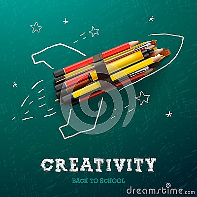 Creativity learning. Rocket with pencils Vector Illustration