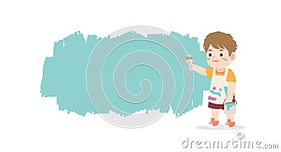 Creativity a little boy be happy with painting standing front of text box blank banner frame on white background, illustration Vector Illustration