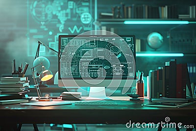 Creativity modern work space with computer showing formula math analysis. Technology and software development concept Stock Photo
