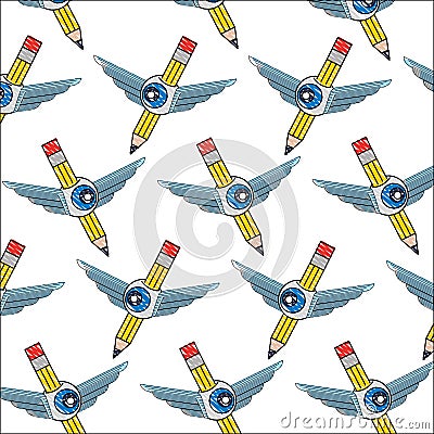 Creativity pencil wing eye background pattern Vector Illustration