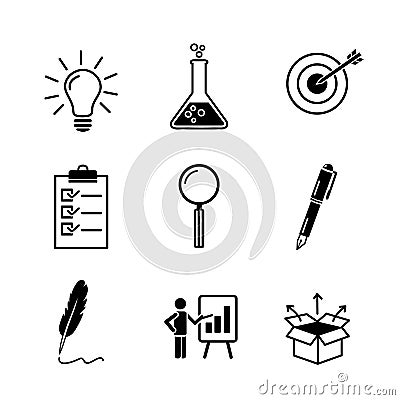 Creativity, research, business idea development black icon set in flat solid style. Ligtbulb, test tube, target, check Vector Illustration