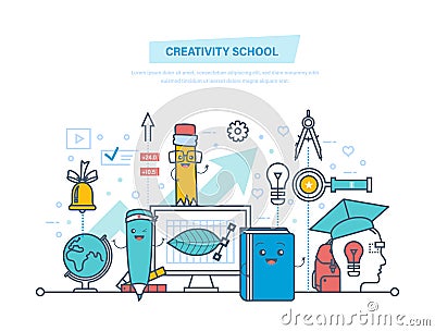 Creativity school. Creative thinking, creativity, smart education, tools of creativity. Vector Illustration