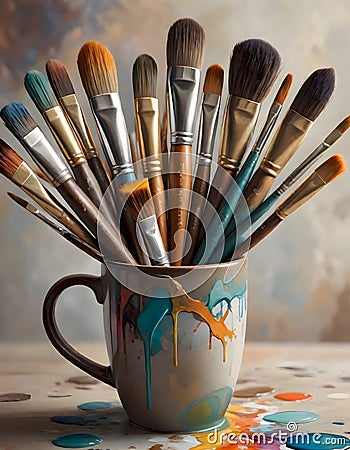 Creativity Unleashed, Mug Overflowing With Paint Brushes, Generative AI Stock Photo