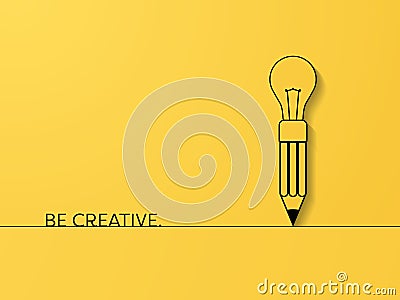 Creativity vector banner with lightbulb on pencil on yellow background with simple shadows. Vector Illustration