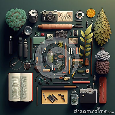 Creator, designer asset elements, top view, knolling items. Generative Ai Stock Photo