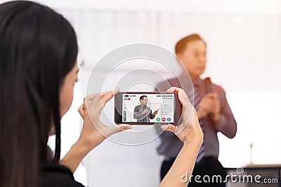 Creator people holding smartphone video recording live streaming to online lecture presentation content. Live internet broadcast Stock Photo