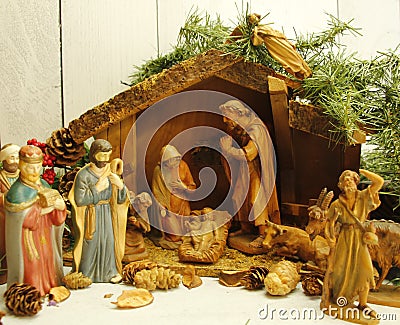 Creche Nativity Scene, manger, animals, joseph, mary, Baby Jesus Stock Photo