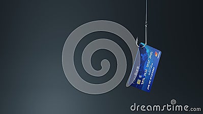 Credit card as bait on a fishing hook. Internet scam, phishing, online theft concept. Digital 3D rendering Stock Photo