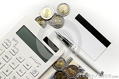 Credit Card ,Calculator with coin ,penl on money banknotes Euro Stock Photo