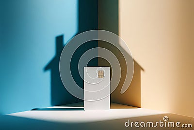 Credit card casting house shadow on surface, home ownership, real estate investment, property buying, financial Stock Photo