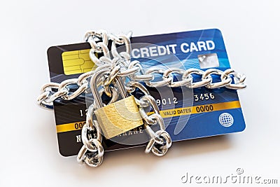 Credit Card with chain and padlock, secure trading concept Stock Photo