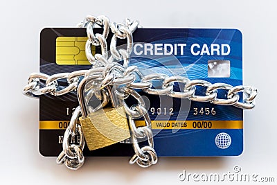 Credit Card with chain and padlock, secure trading concept Stock Photo