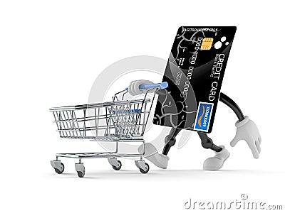 Credit card character with shopping cart Stock Photo