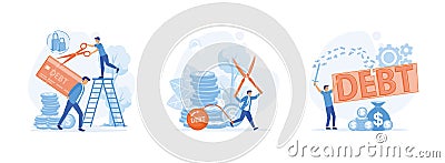 Credit Card Debt. Businessman use pliers to cut the chain and free himself from debt metal ball. Vector Illustration
