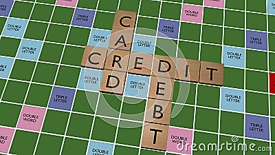 Credit card debt crossword on fake scrabble board Stock Photo