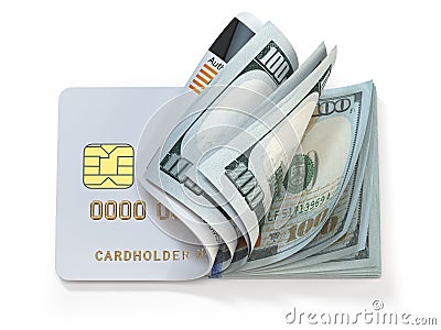 Credit card and dollar in cash. Banking, shopping concept. Opening a wallet or bank account Cartoon Illustration