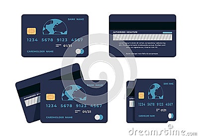 Credit card. Flat mockup of ATM card wit numbers and cardholder name, front and back view. Vector concept for money Vector Illustration