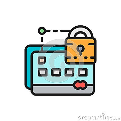 Credit card with lock, web security flat color line icon. Vector Illustration