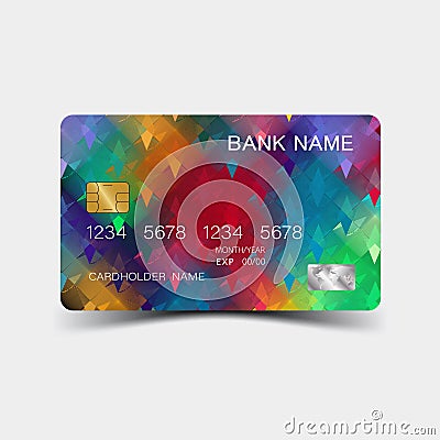 Colourful geometric credit card design. On the white background. Glossy plastic style. Vector Illustration