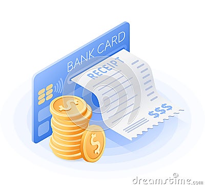 The credit card, online bill payment, stack of coins. Vector Illustration