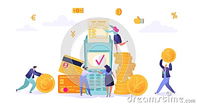 Concept of online banking, money transaction technology. Business and finance theme. Credit card and payment terminal. Vector Illustration
