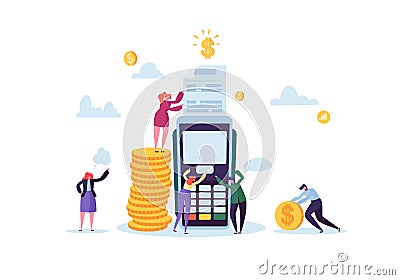 Credit Card Payment by Terminal Concept with Flat People. Financial Transaction with Characters and Money Vector Illustration