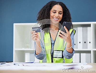Credit card, phone and construction worker woman with online shopping app for logistics, supplier or hardware stock Stock Photo