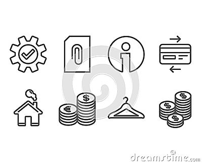 Credit card, Service and Currency icons. Cloakroom, Attachment and Coins signs. Vector Illustration