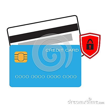 Credit card with shield icon on white background. flat style. secure credit card locked sign. safety badge banking concept. Vector Illustration