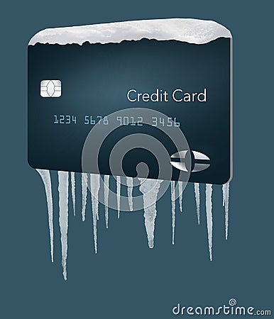 A credit card with snow on top and icicles below illustrates the idea of a credit freeze on a credit bureau account Cartoon Illustration