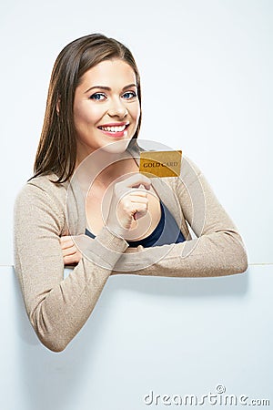 Credit card woman show. portrait with copy space. Stock Photo