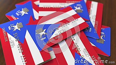 Pile Of Credit Cards With Flag Of Puerto Rico. National Banking System Conceptual 3D Animation ...