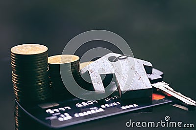 credit cards, key ring.concept for property ladder, mortgage and real estate investment. Stock Photo