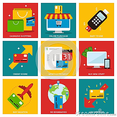 Credit cards nine flat items concept Vector Illustration