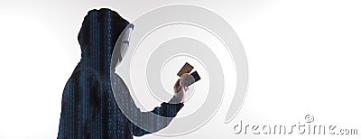 Credit cards personal data stolen by anonymous man in Black hood shirt Stock Photo