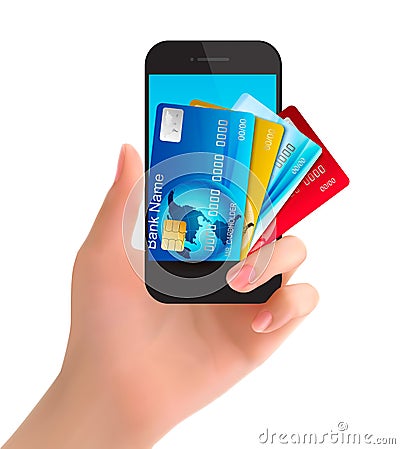 Credit cards in a phone. Internet banking concept. Vector Illustration