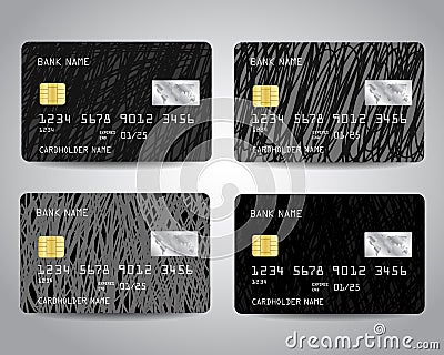 Credit cards vector set with black scratched abstract design background Vector Illustration