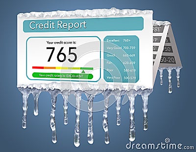 A credit freeze, or freeze on your credit report is represented with icicles and snow on a mock credit report isolated on the back Cartoon Illustration