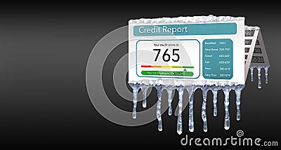 A credit freeze, or freeze on your credit report is represented with icicles and snow on a mock credit report isolated on the back Cartoon Illustration