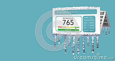 A credit freeze, or freeze on your credit report is represented with icicles and snow on a mock credit report isolated on the back Cartoon Illustration