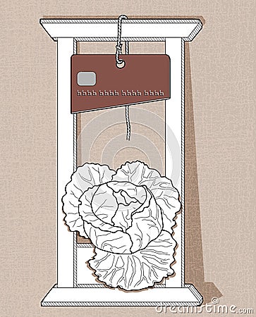 Credit guillotine. White guillotine with a knife in the form of a credit card cuts head of cabbage. Stock Photo