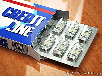 Credit line concept Pack of dollars as pills in blister pack. Stock Photo