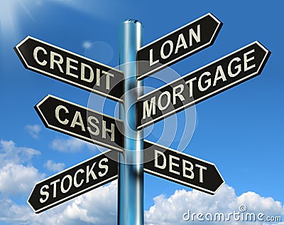 Credit Loan Mortgage Signpost Showing Borrowing Finance And Debt Stock Photo