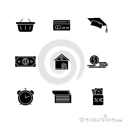 Credit money black glyph icons set on white space Vector Illustration