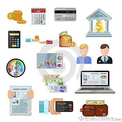 Credit Rating Icons On White Background Cartoon Illustration