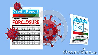 A credit reports with foreclosure written in big letters is covered with Covid-19 cells. Stock Photo